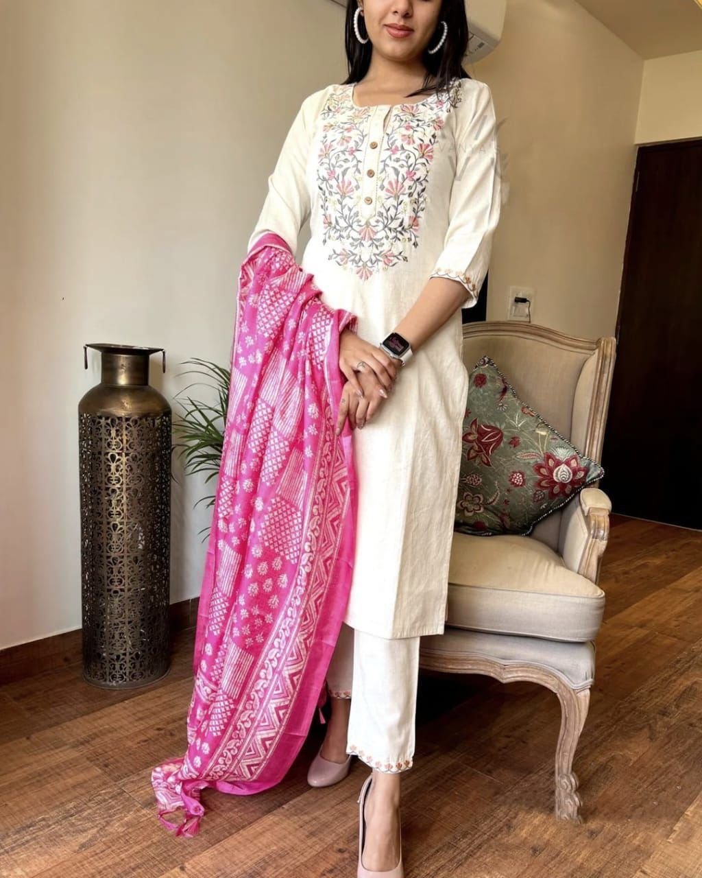 Handloom Khadi Cotton Embroidered Suit with Silk Dupatta